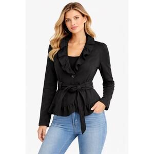Bebe Black Ruffle Jacket Belted Peplum Blazer Tie Waist Long Sleeve Size L